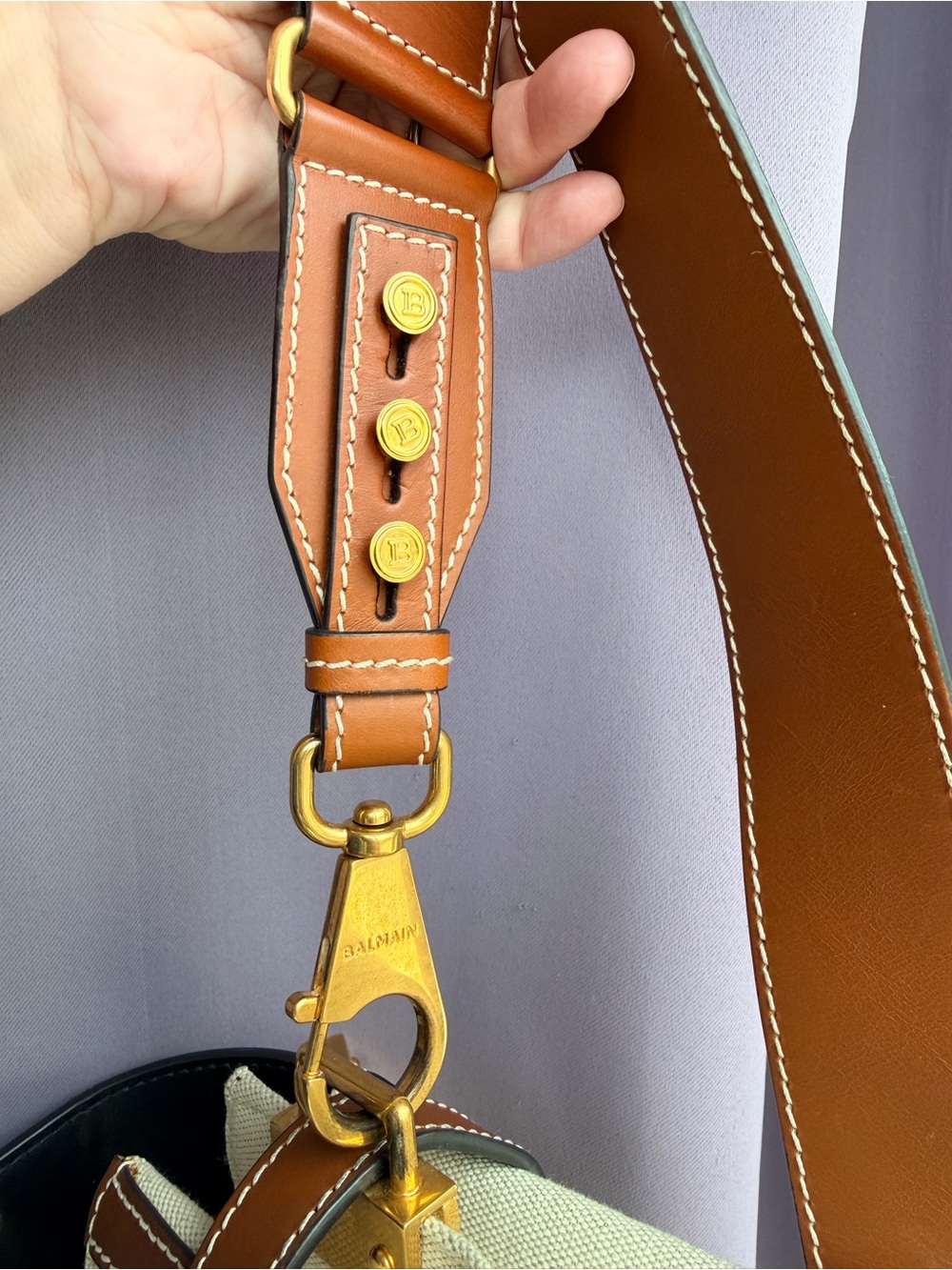 Balmain B-Buzz Cream Canvas and Tan Leather Logo Satchel - Picture 14 of 15